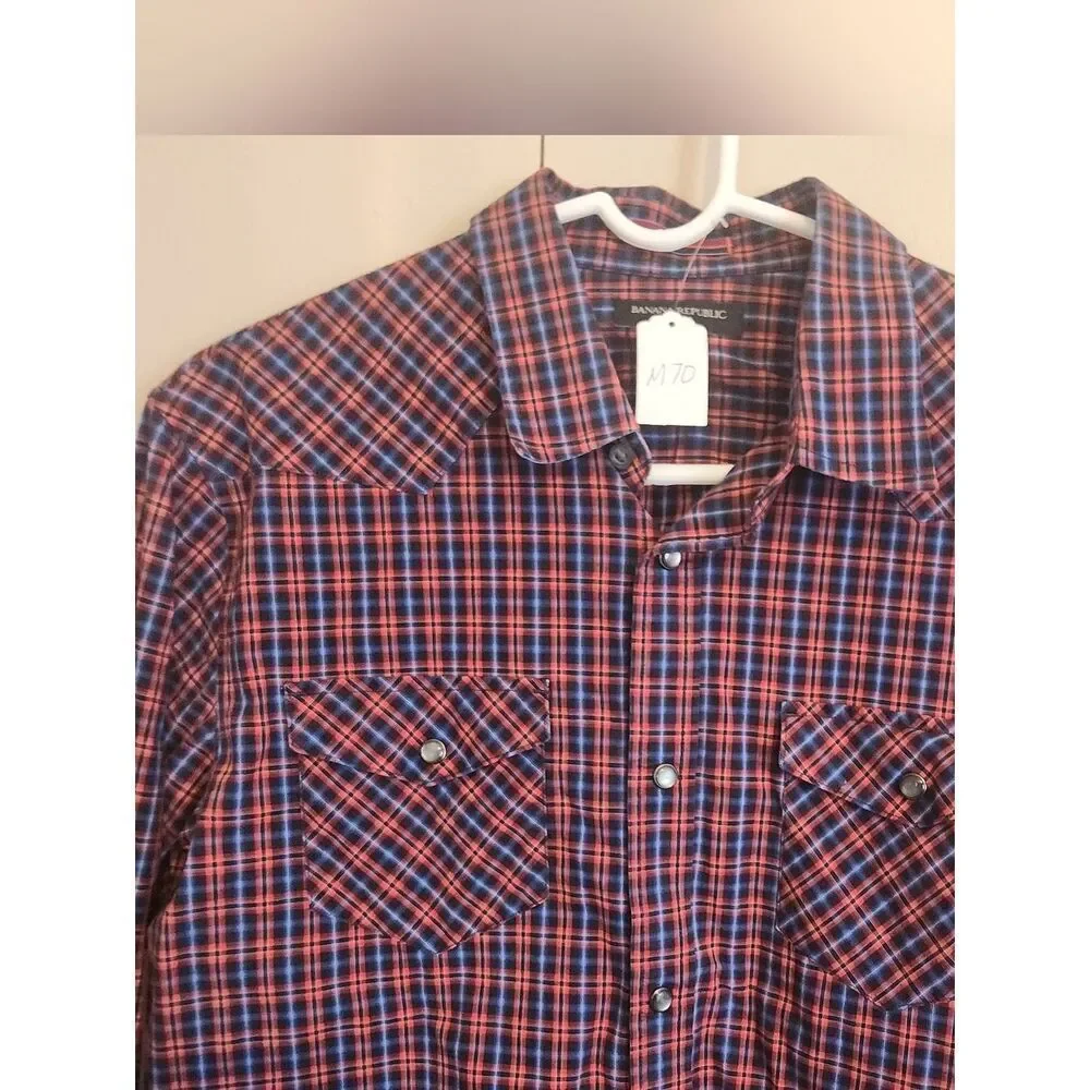 M70 Banana Republic Slim Fit Men's Red & Blue Plaid Western Shirt w Pearly Snaps
